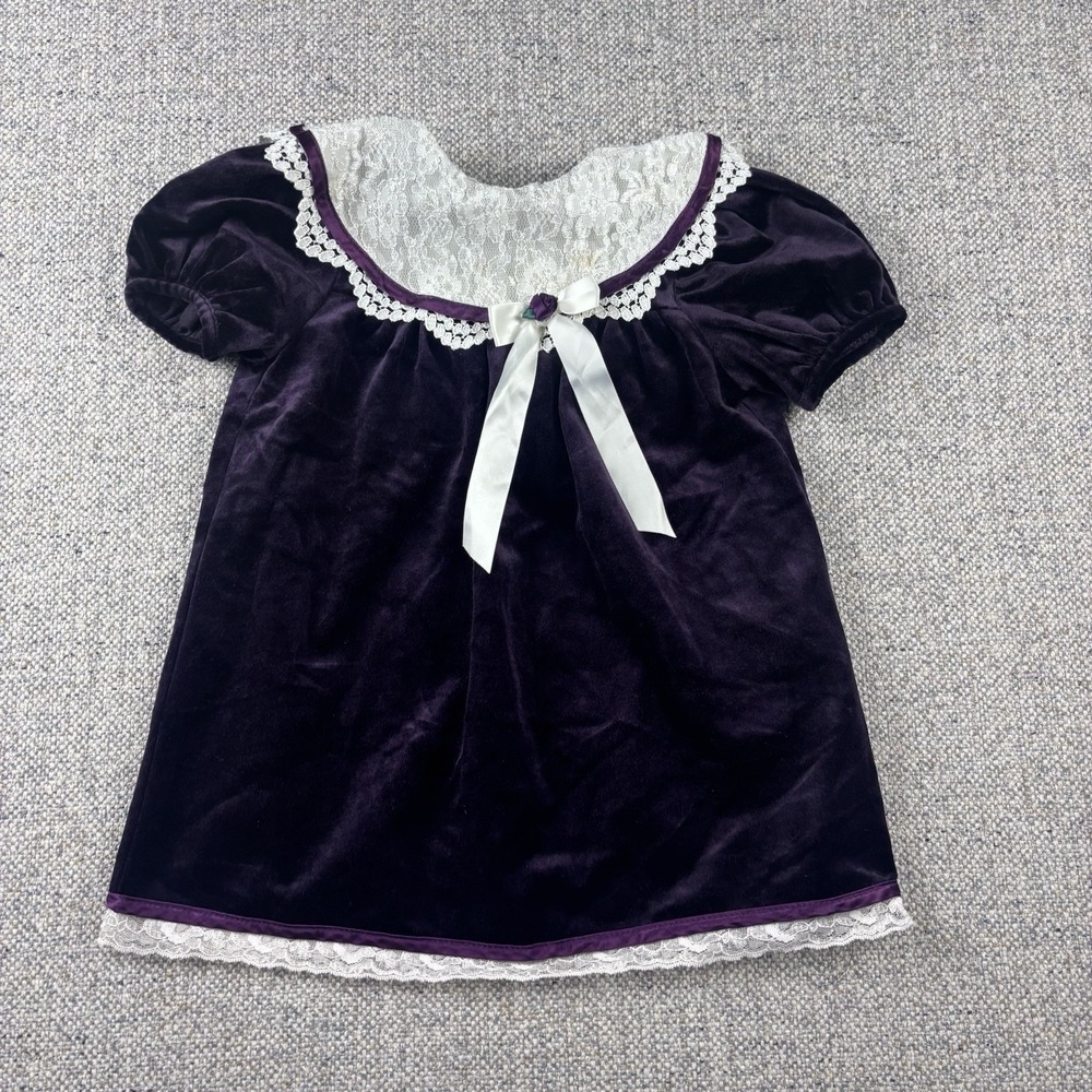 VTG Toddler Girls Purple Velvet Dress Lace Collar Bow Cottagecore Pretty Sz 3T